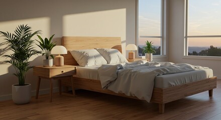Wooden bed sunlight morning bedroom interior