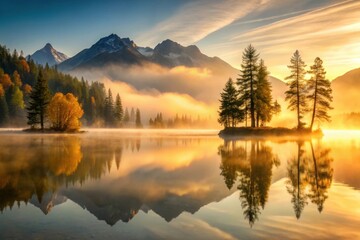 Fototapeta premium Golden Sunrise Reflection on Calm Lake Surrounded by Misty Mountains and Autumnal Trees