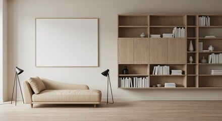 Beige chaise lounge in minimalist living room