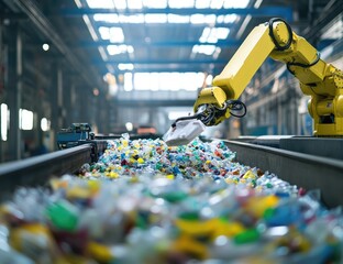 Robotic arm sorting plastic waste in a recycling facility