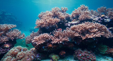 Fototapeta premium Colorful Coral Reefs Gently Swaying In Tropical Blue Ocean Waters