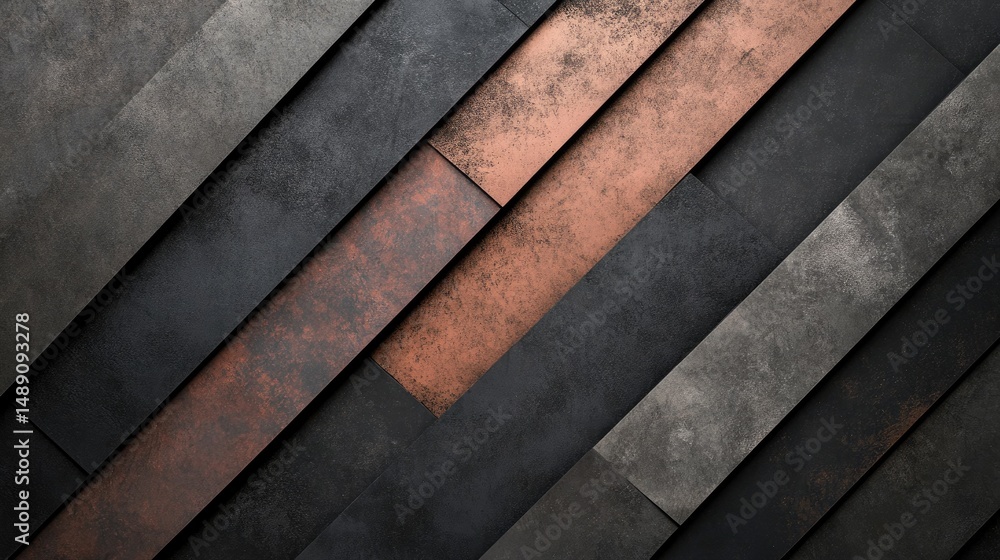 Poster abstract design of overlapping metallic panels in dark colors.