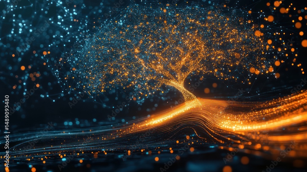 Poster luminous data tree with flowing streams, a vibrant display of connectivity