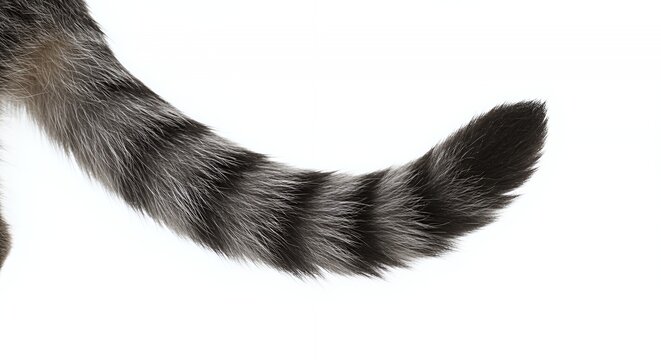 Striped Cat Tail Close Up Isolated by White Screen Background For Decoration Animal Concept