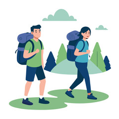 Young Backpackers Resting at Scenic Campsite with Mountains in Background