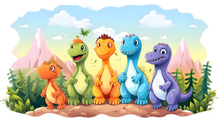 Adorable Cartoon Dinosaurs in Vibrant Landscape - Vector Illustration
