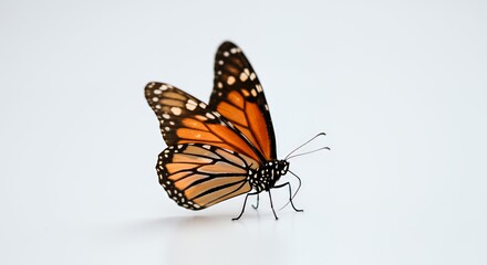 Monarch Butterfly with Orange and Black Wings Flapping against White Background in Static Shot