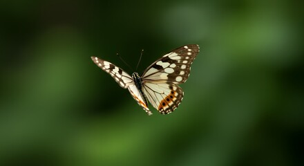 Naklejka premium Low Angle Shot of a Flying Butterfly with Intricate Wings Set Against a Green Forest Backdrop Captures Beauty and Serenity