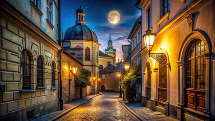 Fototapeta premium Serene Nighttime Streetscape Cobblestone Pathway Illuminated by Golden Lamplight, Ancient Architecture, and a Full Moon