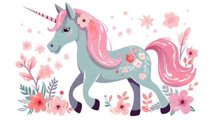 Enchanting Fairytale Unicorn Illustration with Beautiful Floral Decoration