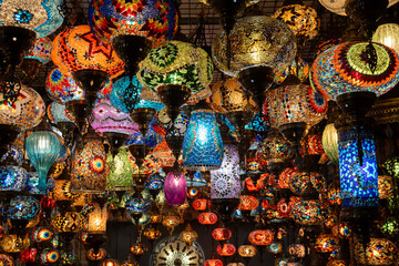 Lamps, Turkey, Bazaar: Colorful mosaic glass lamps illuminate a bustling Turkish bazaar, showcasing vibrant handcrafted artistry.