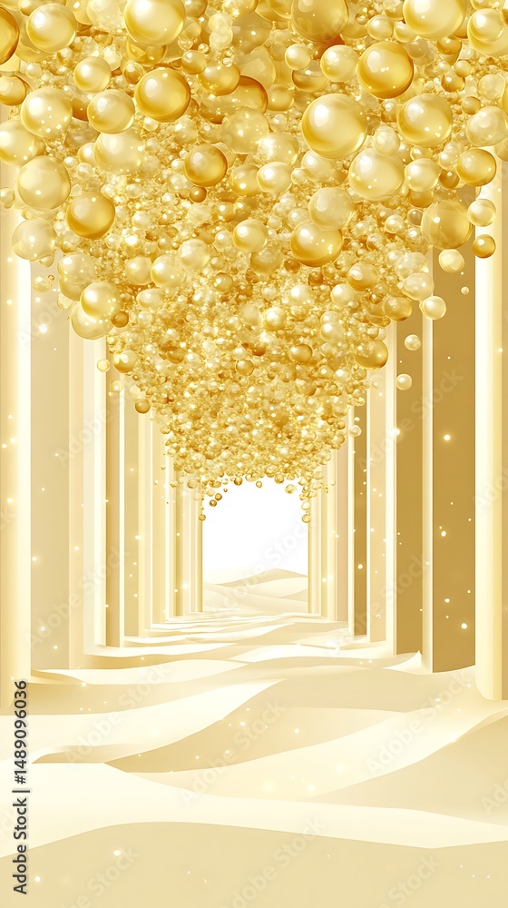 Poster a golden pathway of endless columns and spheres with surreal desert view