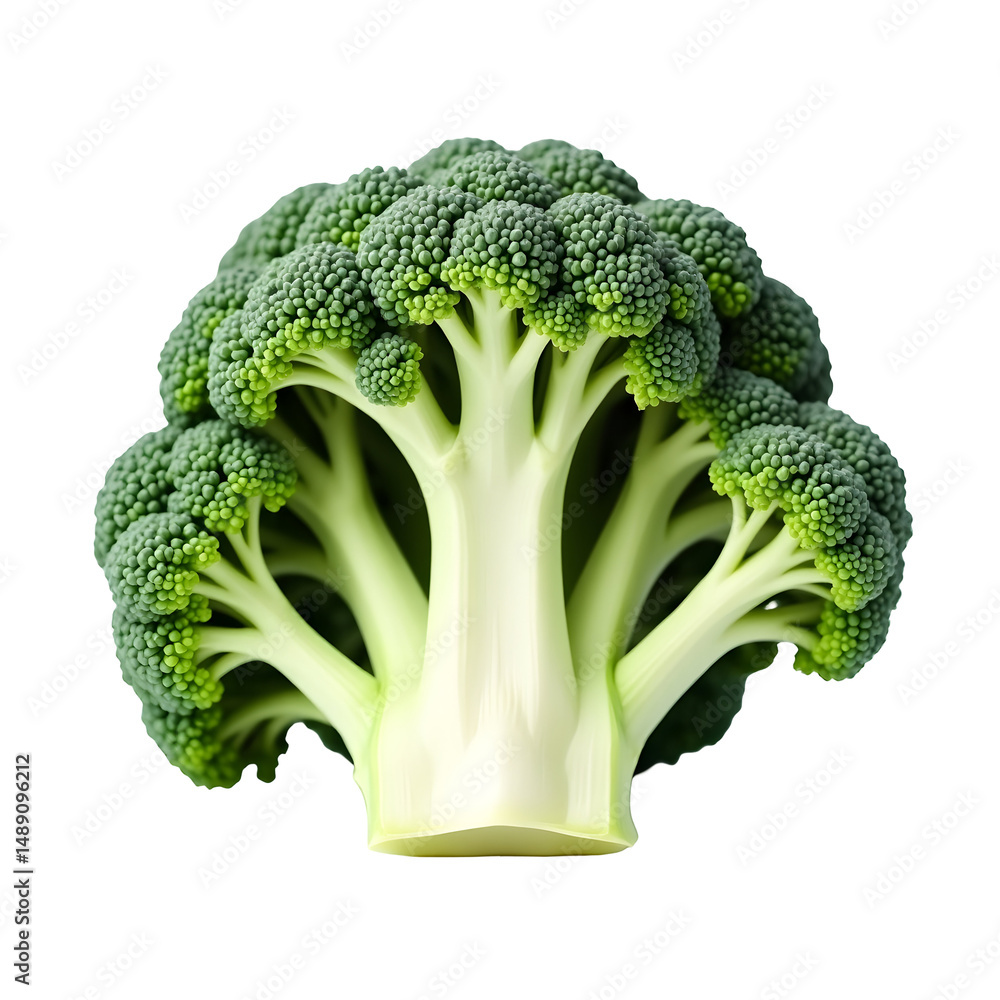 Poster close-up of a vibrant green broccoli head showcasing its texture and freshness against a deep isolat