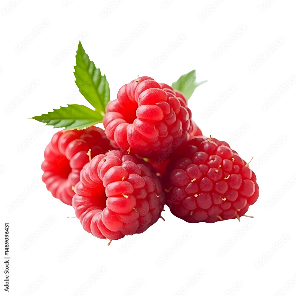 Poster close-up of a vibrant raspberry cluster displaying its juicy texture and bright red color with fresh