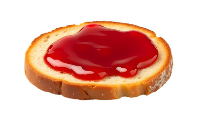 A close-up of a slice of bread topped with vibrant red jelly, set against a clean background, ideal for food-related content