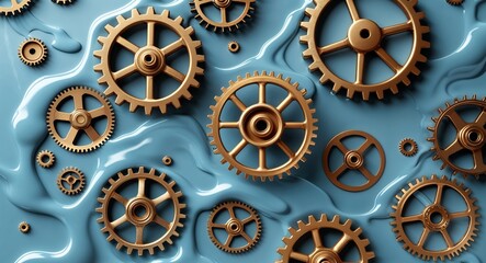 Matte bronze gears floating in pale cornflower blue viscous liquid wallpaper design concept