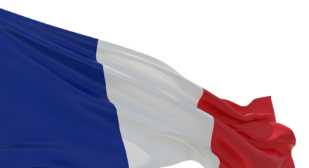 A close-up view of the French flag waving gracefully in the wind, symbolizing national pride against a clear sky