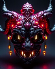 Naklejka premium Abstract demonic face with horns glowing red eyes and sharp teeth.
