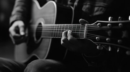 Fototapeta premium Acoustic guitar musician playing instrument close up monochrome photo