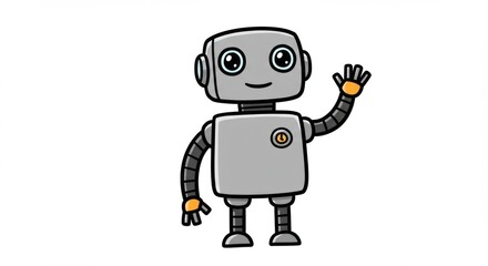 Cute cartoon robot waving hand on white background