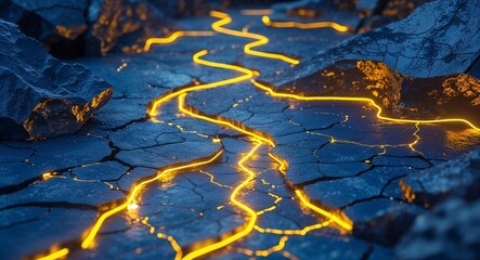 Obraz premium Yellow electric paths woven into cracked blue shale with flickers of buried light wallpaper design concept