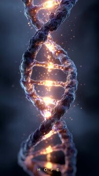 A glowing DNA double helix made of particles and light pulses rotates slowly in a dark with the word "Hope" at the bottom, ethereal background, symbolizing scientific hope and genetic discovery.