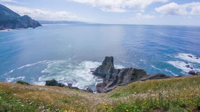4K drone footage captures Cape Falcon, part of Oswald West State Park in Oregon. Features dramatic cliffs, coastal forest, and Pacific Ocean views.
