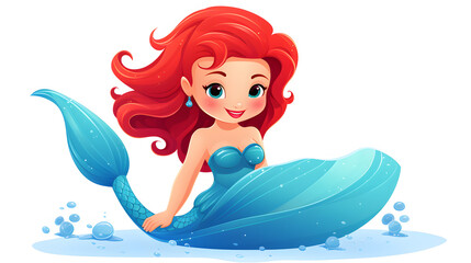 Professional illustration of a charming mermaid with red hair and a blue tail
