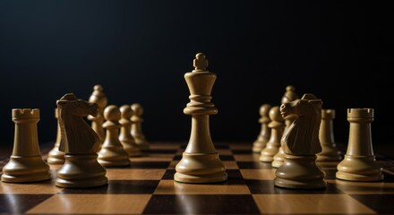 Chess pieces on board with black dramatic background