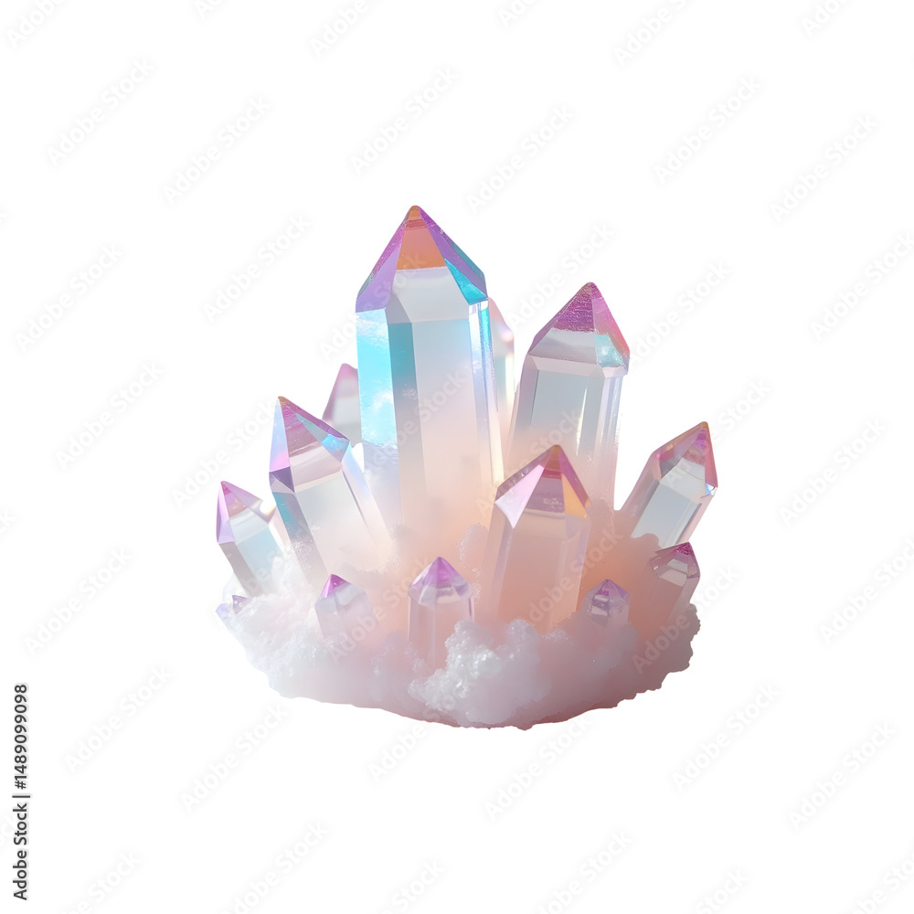 Poster close-up photograph of a mesmerizing aura quartz cluster emitting a soft, iridescent glow against a 
