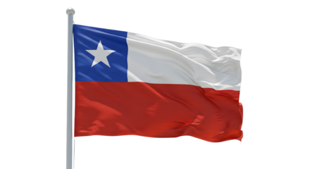 A vibrant Chilean flag waving in the wind, symbolizing national pride against a clear blue sky backdrop