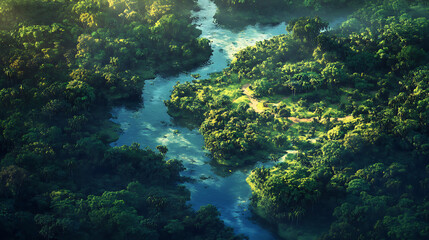 Obraz premium A birds-eye view of the Congo rainforest showing the lush denseness 