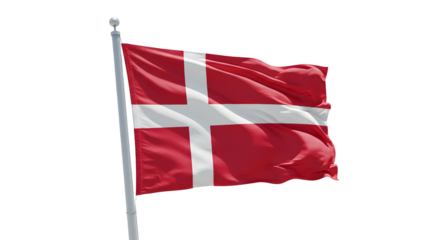 A vibrant Danish flag waving proudly against a clear blue sky, symbolizing national pride and identity