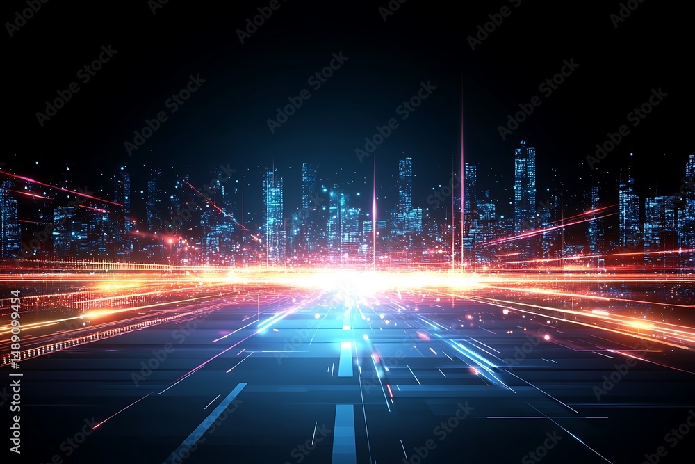 Aufkleber futuristic cityscape with glowing data streams and digital infrastructure