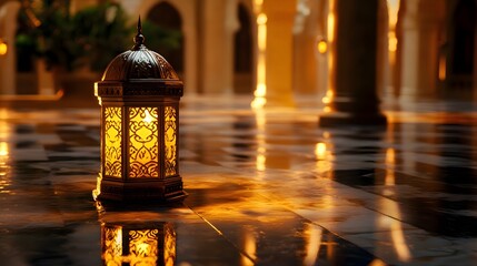 Ornate lantern illuminates a grand hall with reflections creating a warm and inviting ambiance