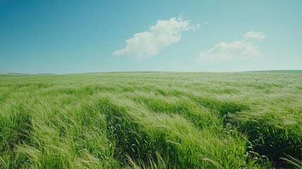 Fototapeta premium Green cornfield under high summer sun with blue sky and thick rows of crops
