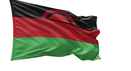 A vibrant depiction of the Malawi flag waving in the wind, symbolizing national pride against a clear blue sky
