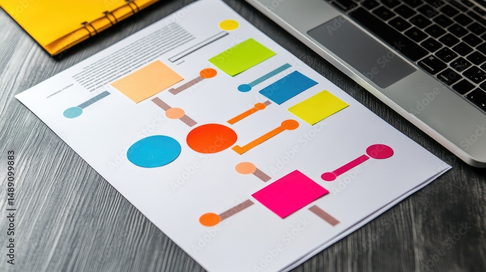 Poster laptop and printed documents showing critical path method diagram for a project