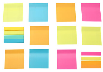 Set of colorful sticky notes in assorted bright colors, ideal for reminders, organization, and office use. Isolated on white or transparent background. PNG cutout.