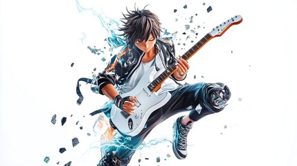 Anime-style guitarist performing with energy, electric effects, on a white background