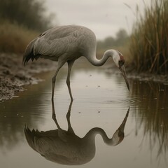 Obraz premium Elegant Demoiselle Crane in Wetland Habitat A Stunning Reflection