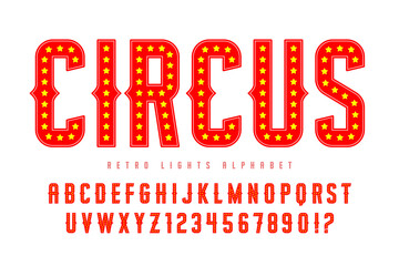 Retro circus alphabet design, cabaret, fairy LED lamps letters and numbers. © Aleksandr