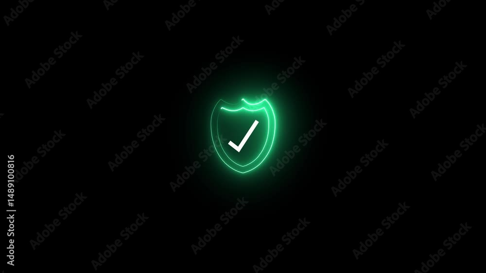 Poster glowing neon glitch security shield with check mark icon. neon check mark icon on black background. 