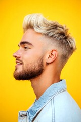 Obraz premium Concept art of style for aging men. Yellow solid background. Trendy men's mid fade haircut - midlife white man with blond hair. A modern and happy gentleman enjoying his moment.
