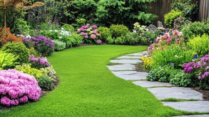 Obraz premium Peaceful garden with blooming summer flowers, trimmed hedges, and stone pathways