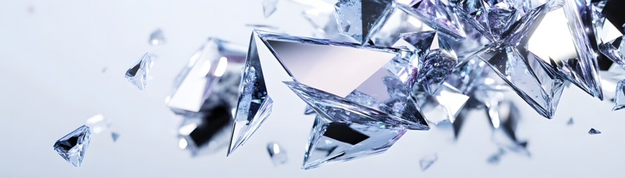 Shattered geometric shapes in a light gray background.