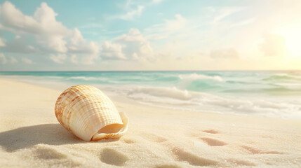 Obraz premium Beautiful seashell on sandy beach vacation scene