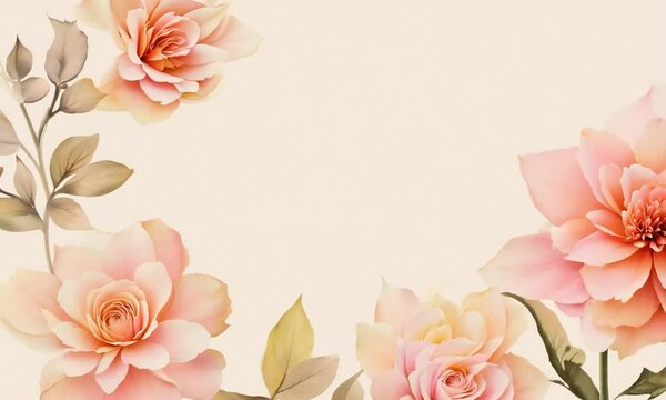 Delicate watercolor-style flower frame of roses and peonies slowly drawing itself on a smooth beige canvas