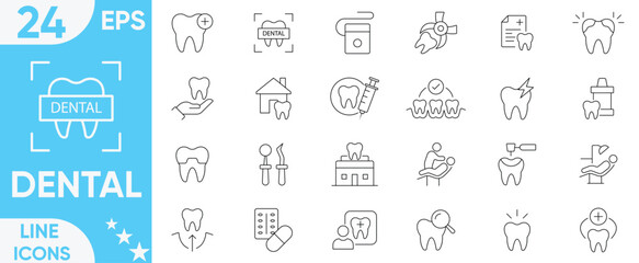 Dental icon set.Containing tooth, dentist, Tooth, implant, braces, implant, braces, clinic, toothpaste, dentistry, toothbrush, teeth, implant and more.Vector and illustrator set.