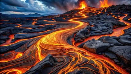 Serpentine River of Molten Rock Flowing Down a Volcanic Slope Under a Dramatic Sky